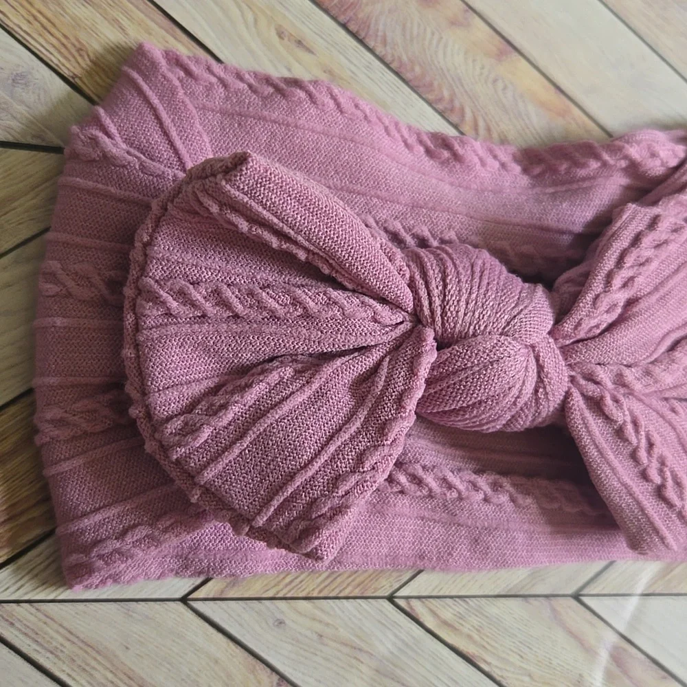 Boho Bowknot Headband Cable Knit Baby Girl Nylon Mauve Kids Handmade Hair Band